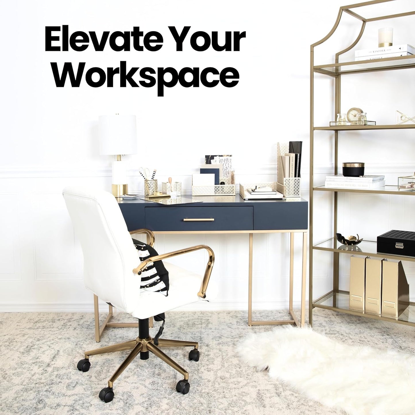 | Gold Desk Organizer Set with Mail Sorter, Sticky Note Holder, Pen Cup, Magazine Holder, Letter Tray & Business Card Holder | Stylish Desk Accessories for Women & Home Office Décor