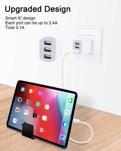 USB Charger Cube, Wall Charger Plug,  3.1A 3-Muti Port USB Adapter Power Plug Charging Station Box Base for Iphone 17 16 15 14 13 12 Pro Max Mini SE 11 Pro Max Samsung Phones Charging Block