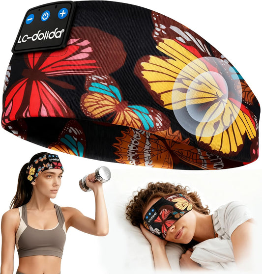 Sleep Headphones Headband Bluetooth 5.4, Sports Headband Earphones Wireless with Speaker Microphone USB C for Women Sleeping Gift Workout Jogging Yoga Insomnia Travel Meditation, Butterfly