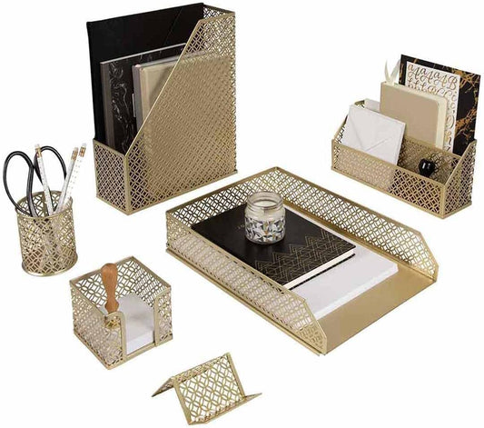 | Gold Desk Organizer Set with Mail Sorter, Sticky Note Holder, Pen Cup, Magazine Holder, Letter Tray & Business Card Holder | Stylish Desk Accessories for Women & Home Office Décor